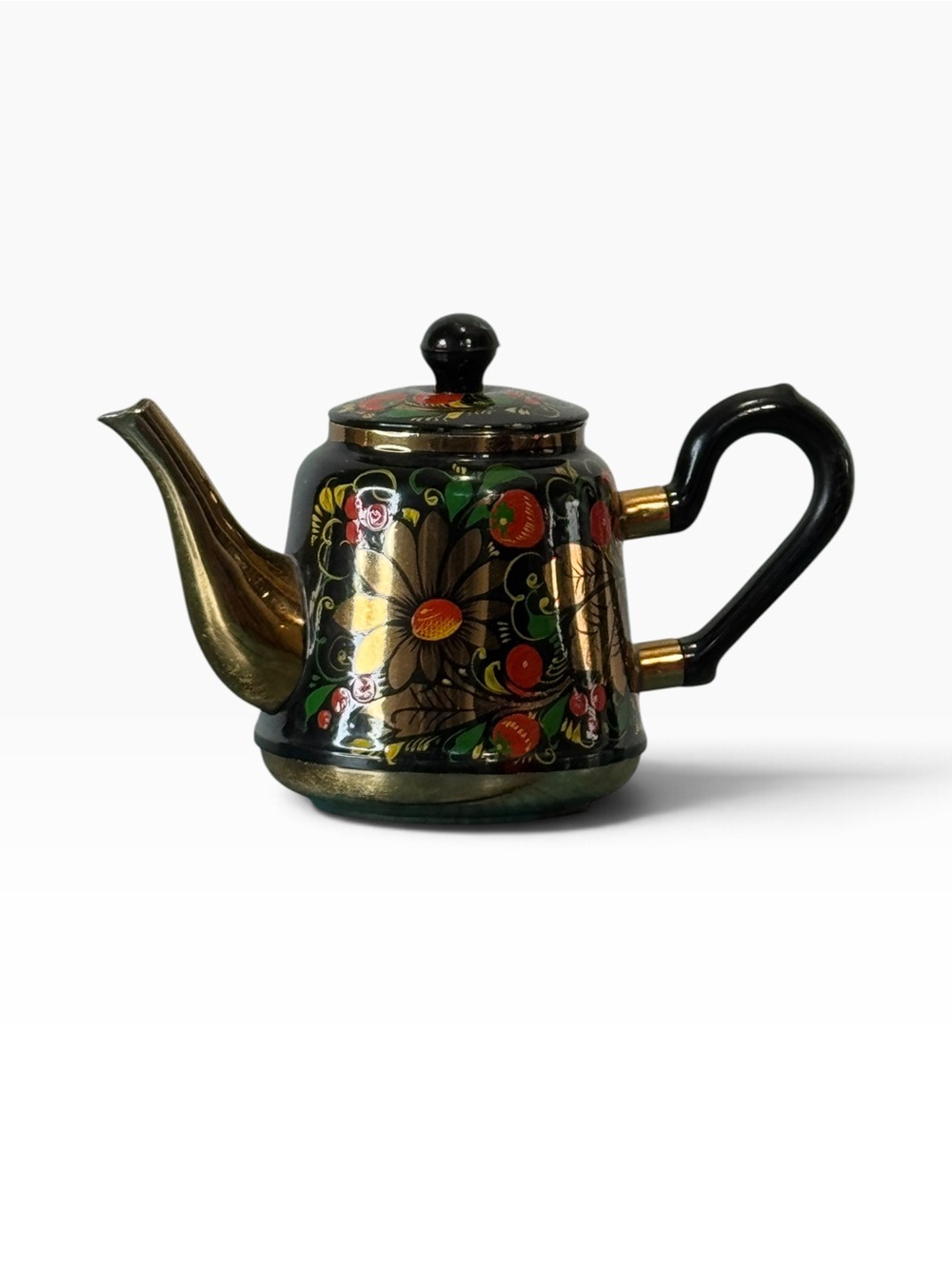 Vintage Soviet Russian Khokhloma Metal Teapot Folk Art Hand Painted USSR SOMZ
